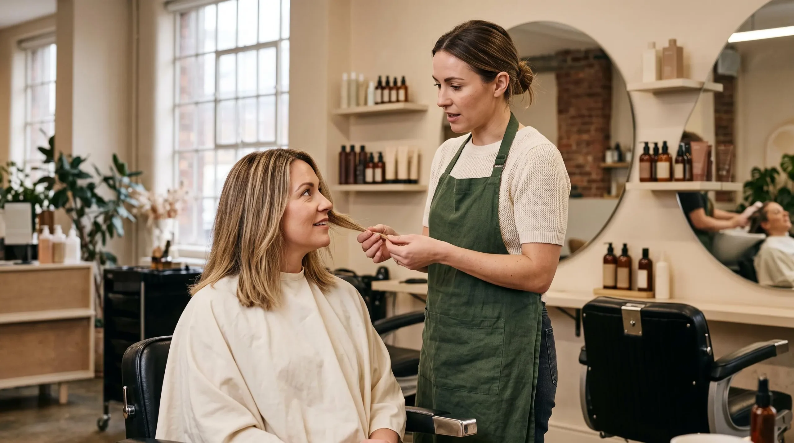 Une coiffeuse expérimentée examine une mèche de cheveux de sa cliente assise et lui donne un conseil personnalisé en salon.