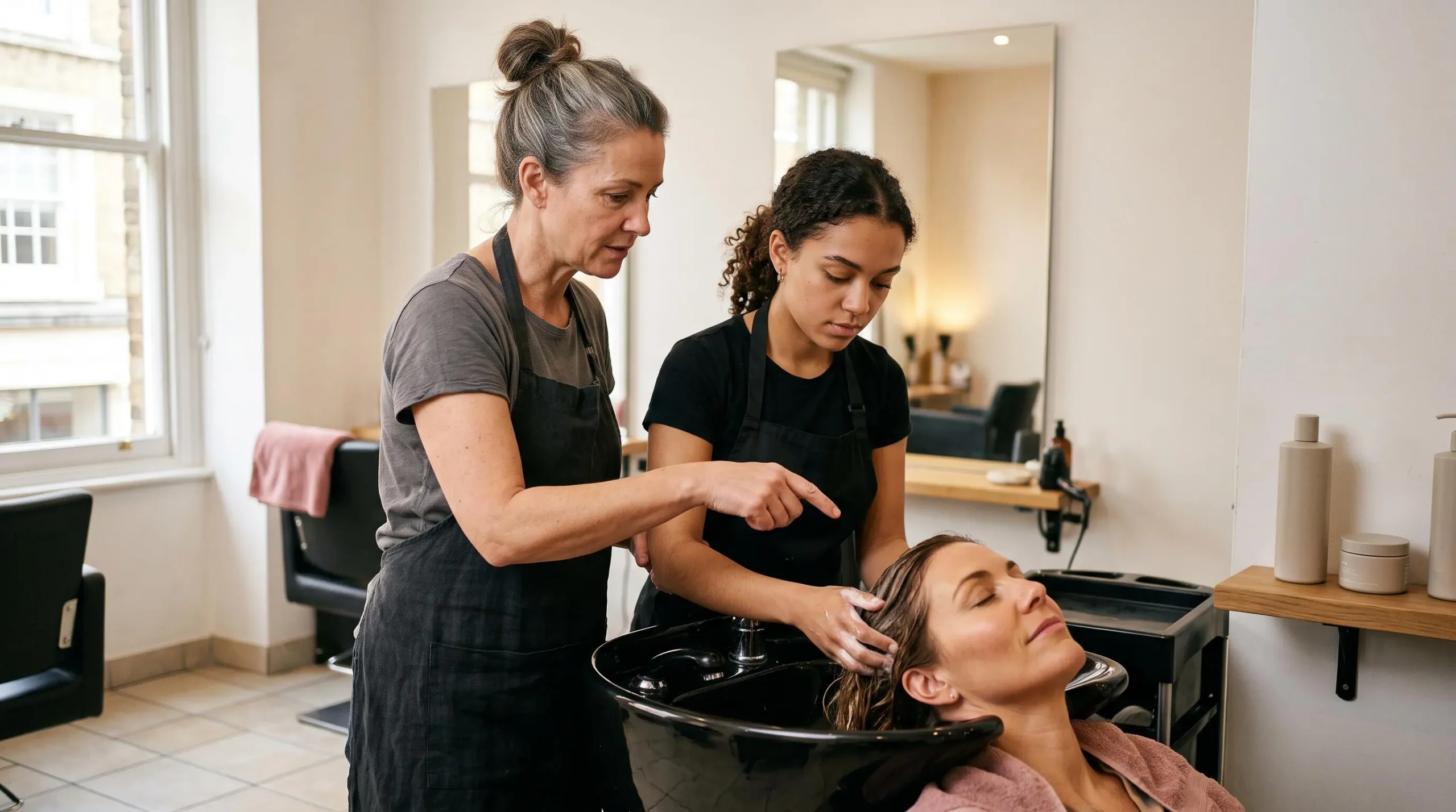 Une coiffeuse expérimentée supervise une jeune apprentie qui applique un soin sur une cliente assise en salon.
