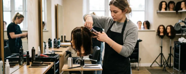 Une étudiante s'entraîne à la coupe sur une tête de mannequin dans un atelier de formation en coiffure équipé de postes et de miroirs.