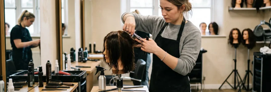 Une étudiante s'entraîne à la coupe sur une tête de mannequin dans un atelier de formation en coiffure équipé de postes et de miroirs.