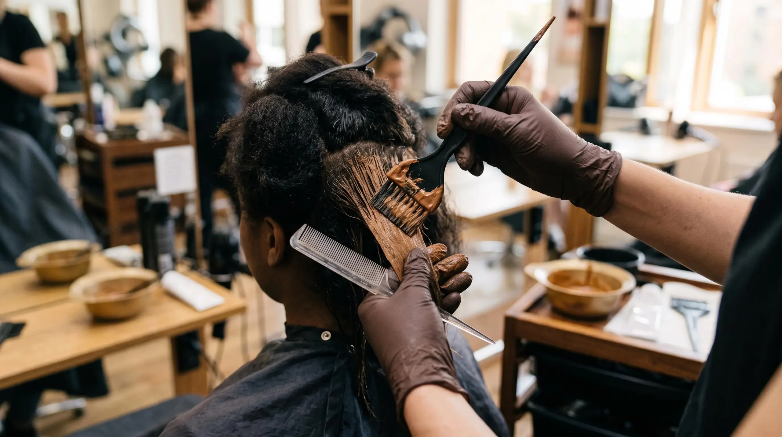Mains d'une apprentie appliquant une coloration au pinceau sur une mèche pendant sa formation en salon école.